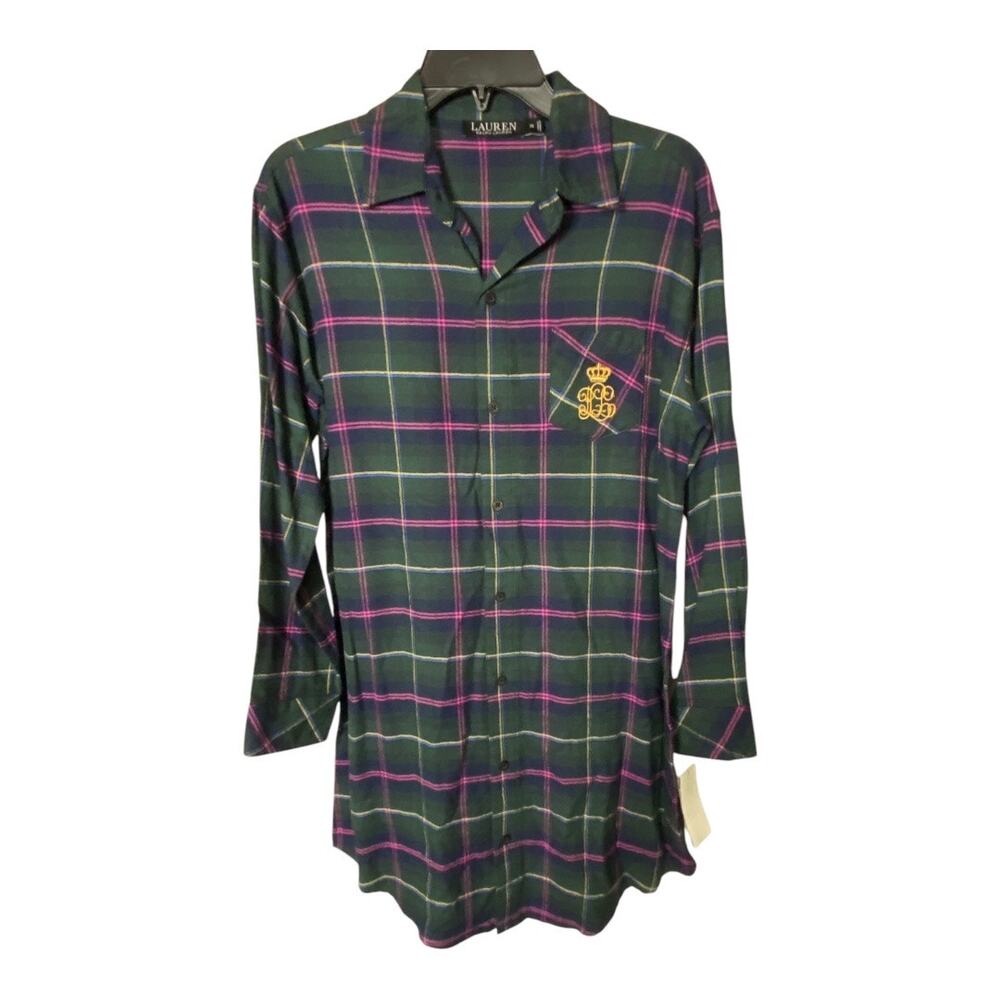 Lauren Ralph Lauren Women's XS Crest Embroidered Sleep Shirt Dress Green Plaid